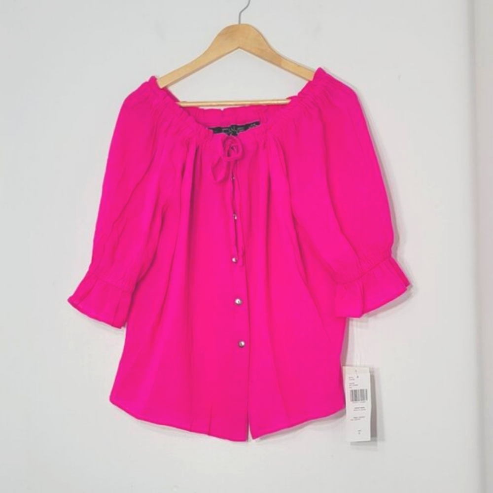 Chaus Sport NEW Pink 100% Cotton Off Shoulder Button Down Blouse Size Medium NWT